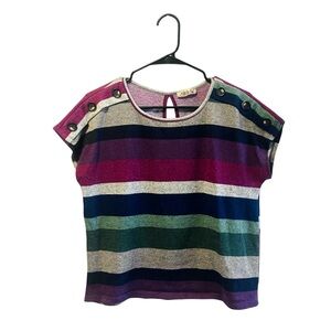 Striped Short Sleeve Top with Shoulder Button Accents